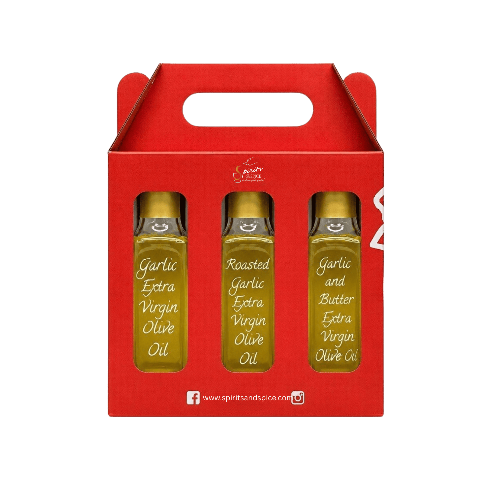 A red gift box with a handle containing three small glass bottles of olive oil, labeled Garlic Extra Virgin Olive Oil, Roasted Garlic Extra Virgin Olive Oil, and Garlic and Butter Extra Virgin Olive Oil, on a white background.