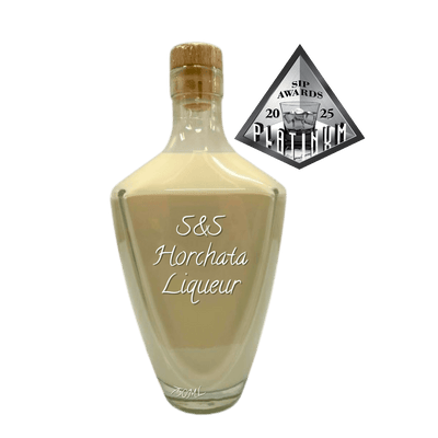 Bottle of S&S Horchata Liqueur with a Platinum SIP Award badge on a white background