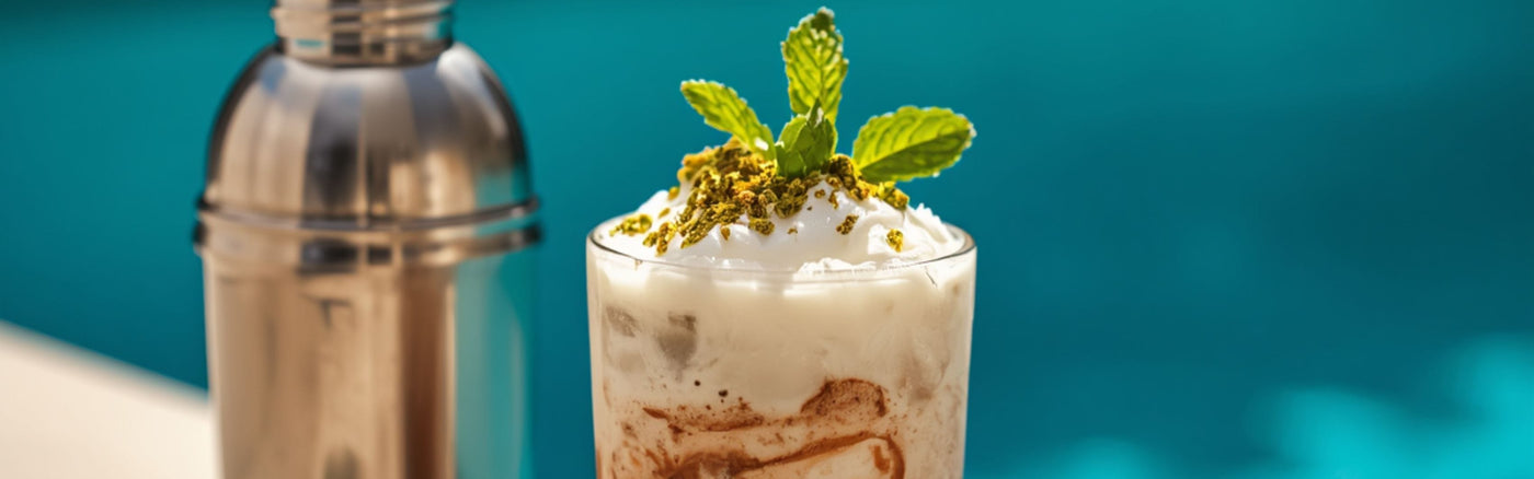 A frothy iced cocktail in a clear glass with mint leaves and crushed seeds on top, set beside a stainless steel shaker against a bright turquoise background.