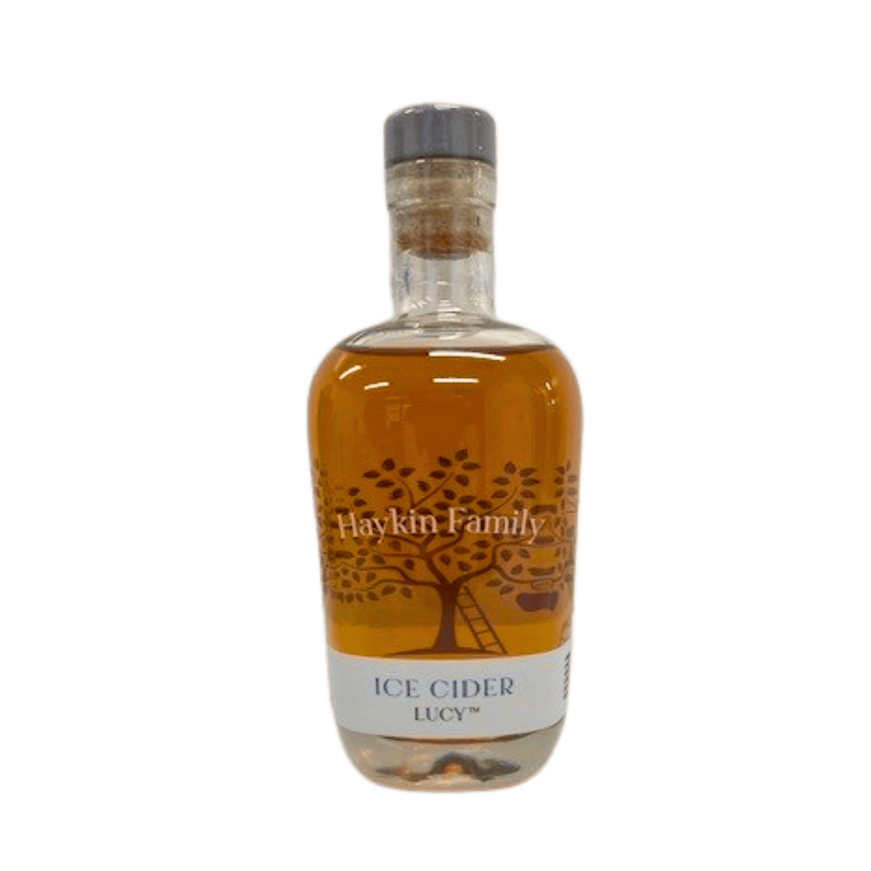 A bottle of Haykin Family Ice Cider Lucy, featuring amber-colored liquid inside a clear glass bottle with a white label and a dark gray cap, set against a plain white background.