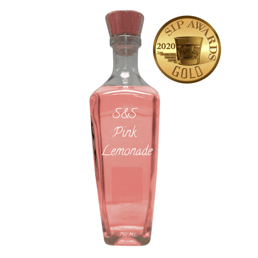 A clear glass bottle filled with pink liquid, labeled 'S&S Pink Lemonade,' shown on a white background with a gold 'Sip Awards 2020 Gold' badge in the upper right.