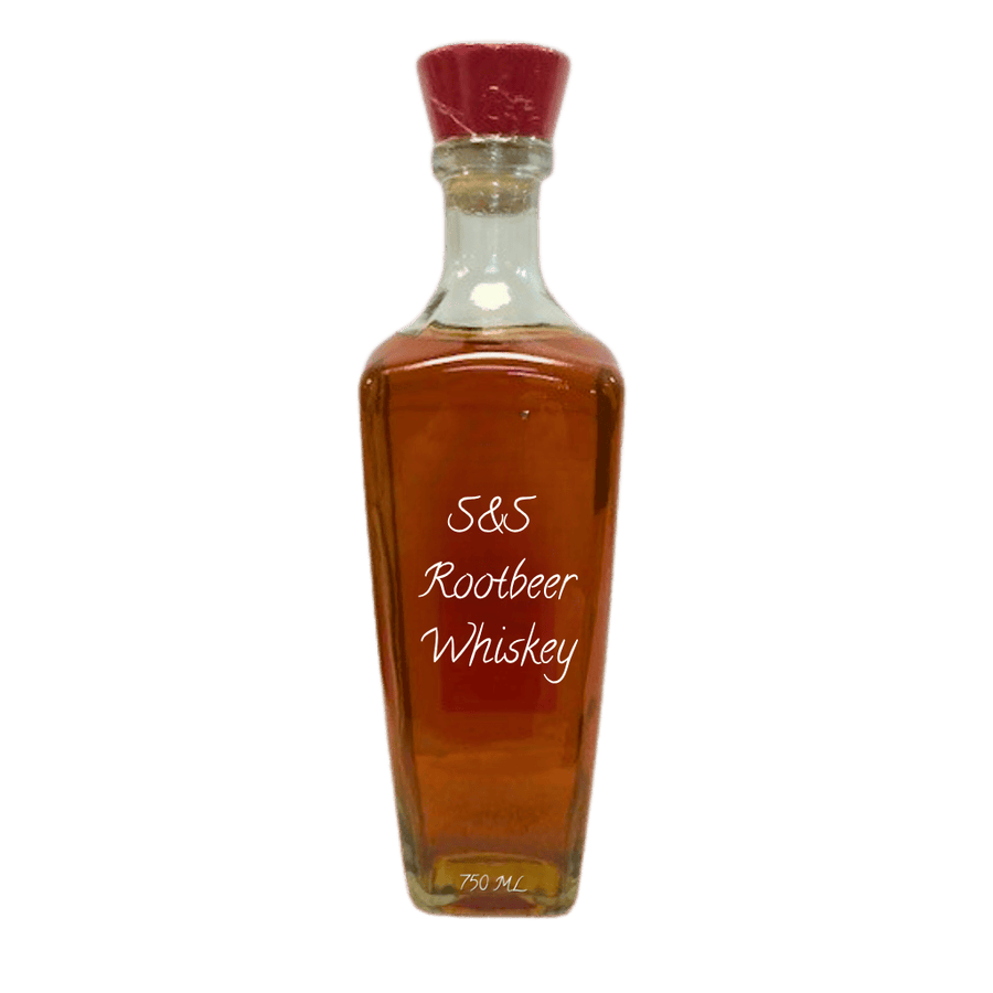 Bottle of S&S Rootbeer Whiskey on a white background. Rootbeer whiskey
