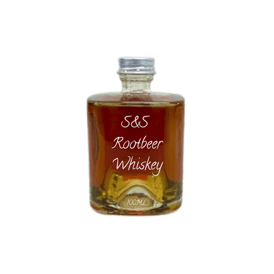 Bottle of S&S Rootbeer Whiskey on a white background. Rootbeer whiskey