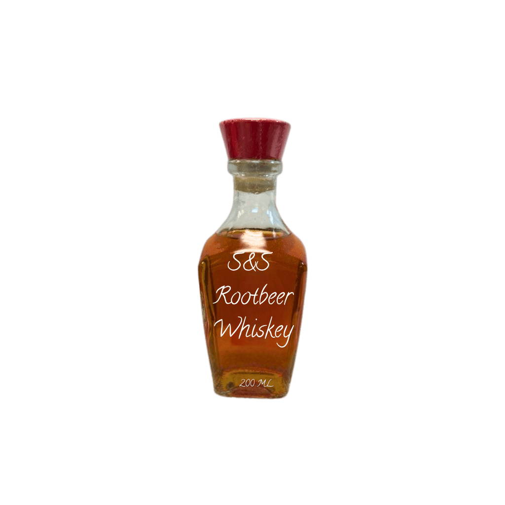 Bottle of S&S Rootbeer Whiskey on a white background. Rootbeer whiskey
