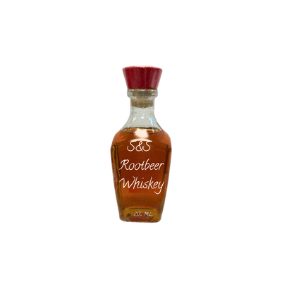 Bottle of S&S Rootbeer Whiskey on a white background. Rootbeer whiskey