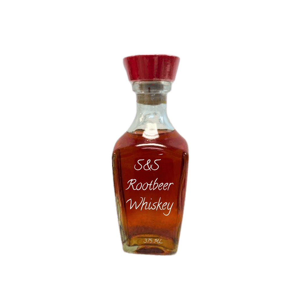 Bottle of S&S Rootbeer Whiskey on a white background. Rootbeer whiskey