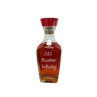 Bottle of S&S Rootbeer Whiskey on a white background. Rootbeer whiskey
