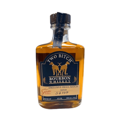 Bottle of Two Bitch Bourbon Whiskey on a white background