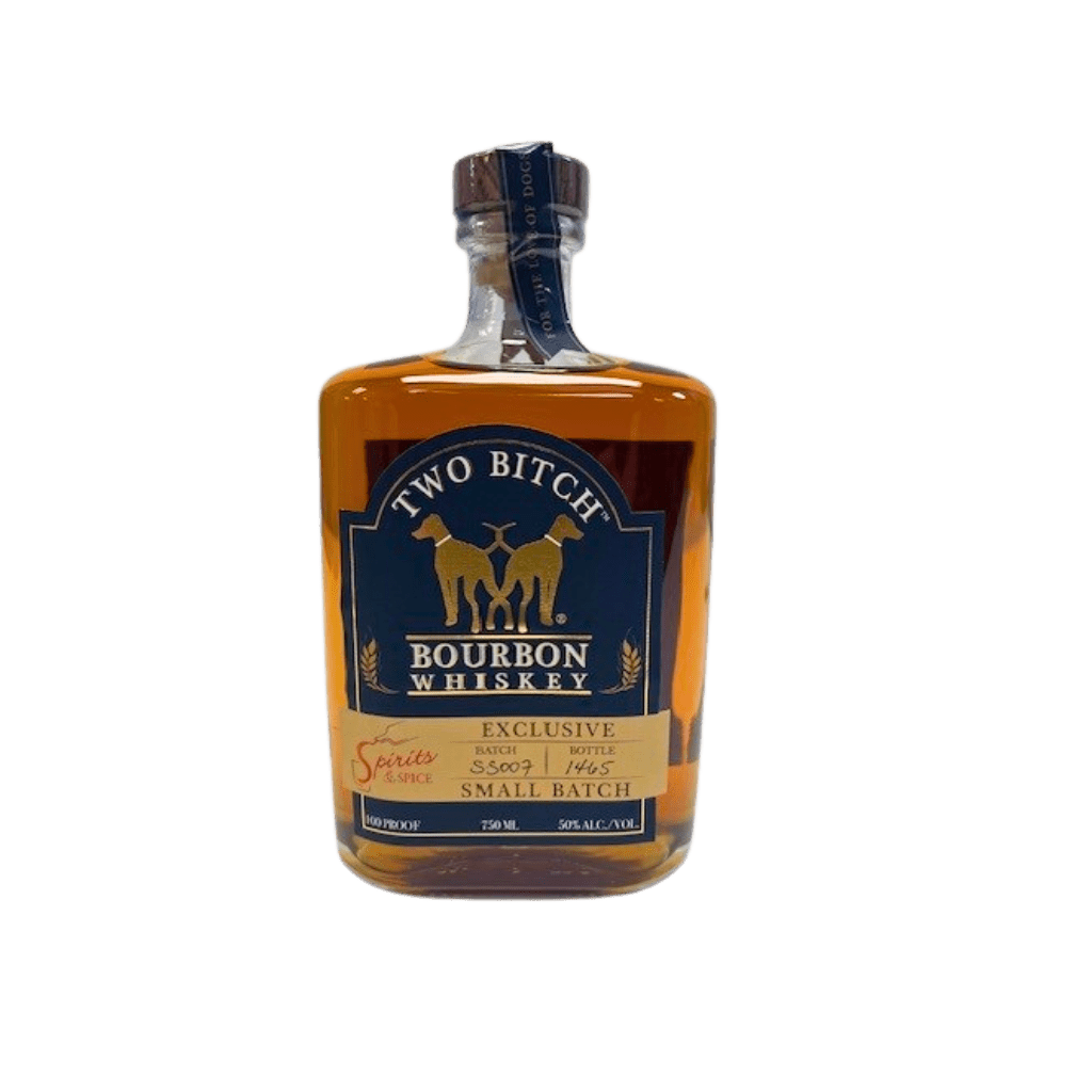 Bottle of Two Bitch Bourbon Whiskey on a white background