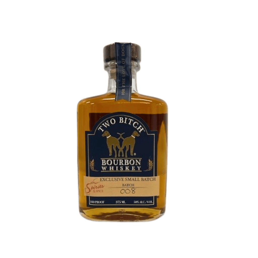 Bottle of Two Bitch Bourbon Whiskey on a white background
