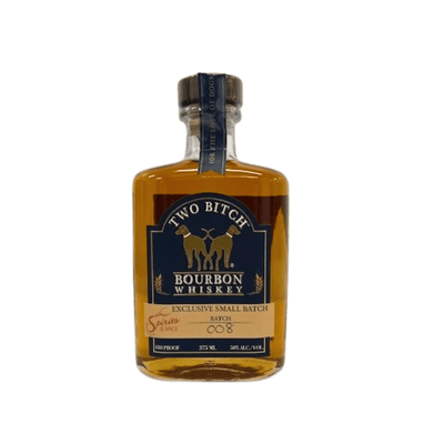 Bottle of Two Bitch Bourbon Whiskey on a white background