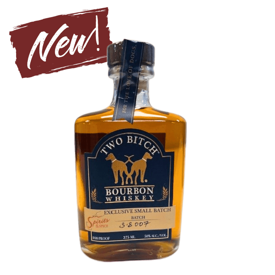 Bottle of Two Bitch Bourbon Whiskey with a 'New!' label on a white background