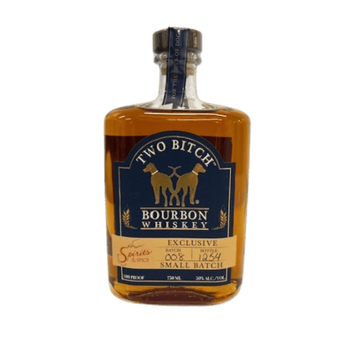 Bottle of Two Bitch Bourbon Whiskey on a white background