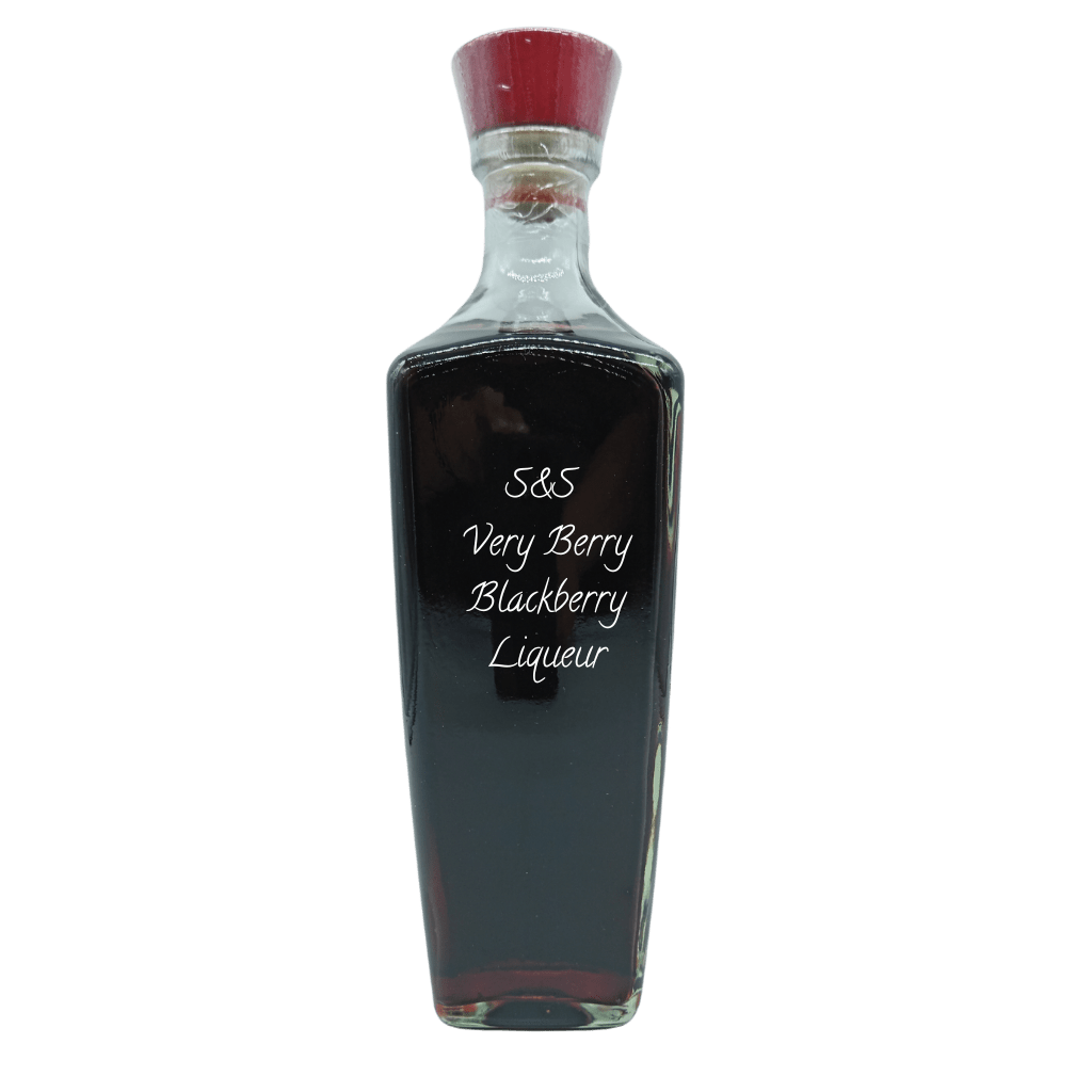 A bottle of S&S Very Berry Blackberry Liqueur with a clear liquid visible inside and a red cap.