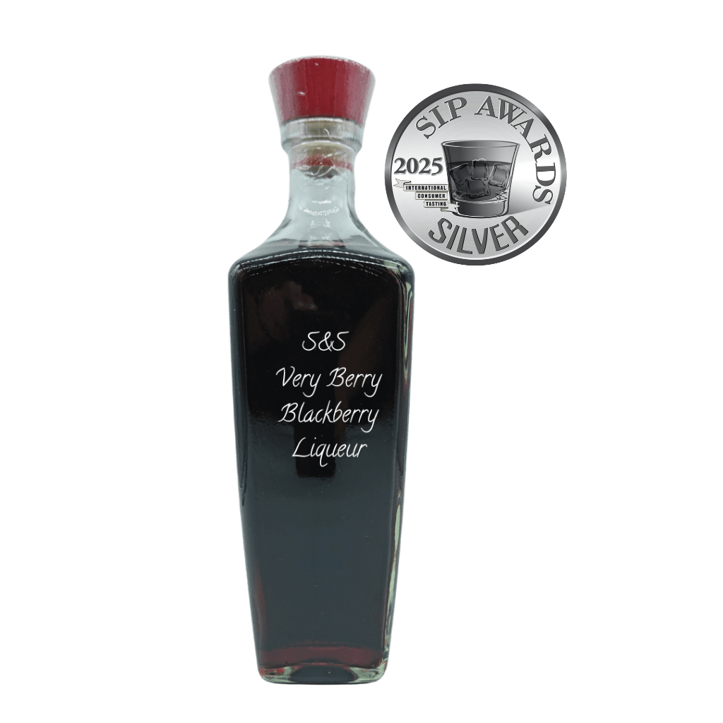 Bottle of S&S Very Berry Blackberry Liqueur with a silver award badge on a white background