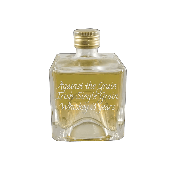 Against the Grain Irish Single Grain Whiskey 3 Year in small bottle. Aged alcoholic drinks.