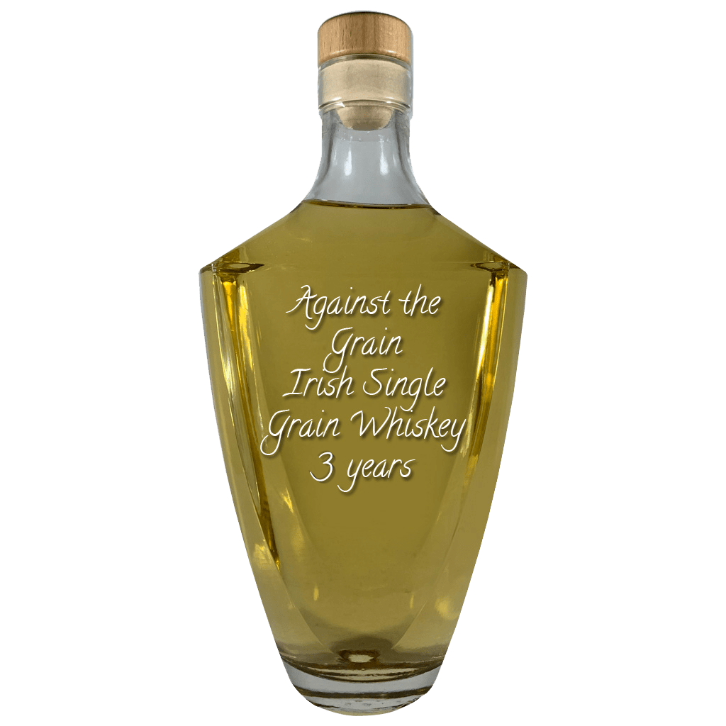 Against the Grain Irish Single Grain Whiskey 3 Year in large bottle. Bar drinks. Spirits. Popular alcoholic drinks.