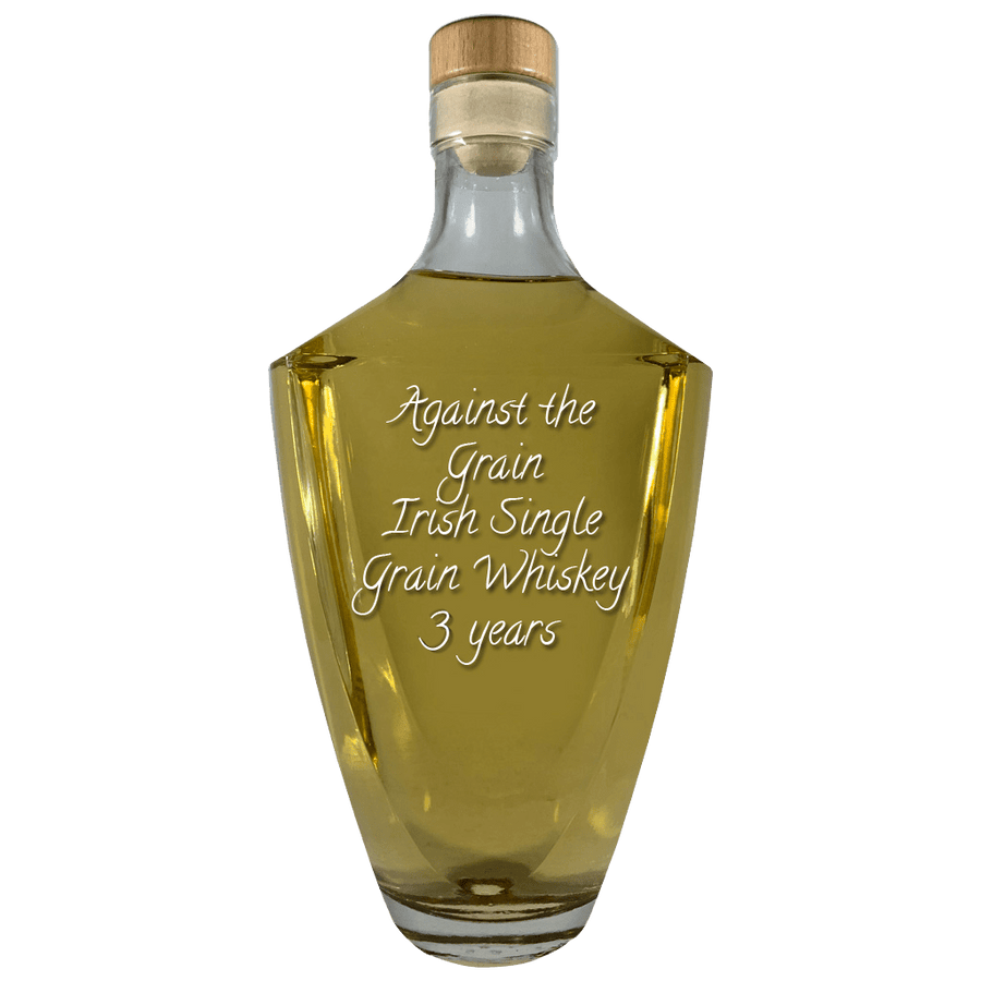 Against the Grain Irish Single Grain Whiskey 3 Year in large bottle. Bar drinks. Spirits. Popular alcoholic drinks.