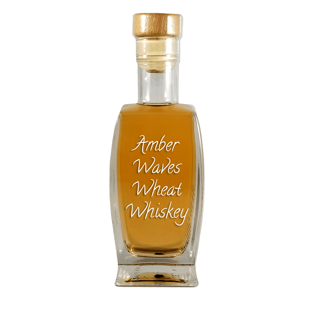 Amber Waves Wheat Whisky in small bottle. Aged alcoholic drinks.
