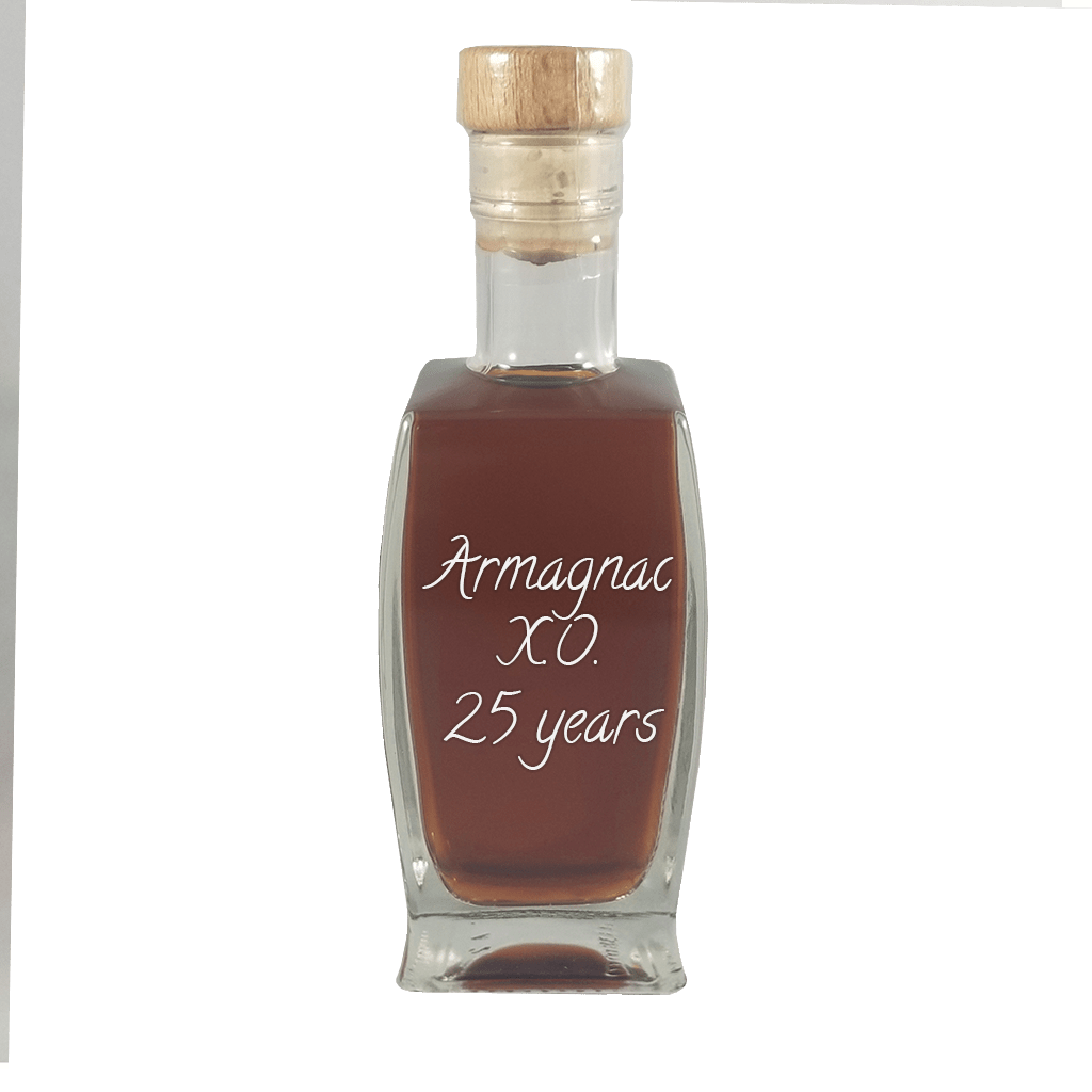 Armagnac XO 25 Year cognac in small bottle. Aged alcoholic drinks. Drinks from France or Paris.