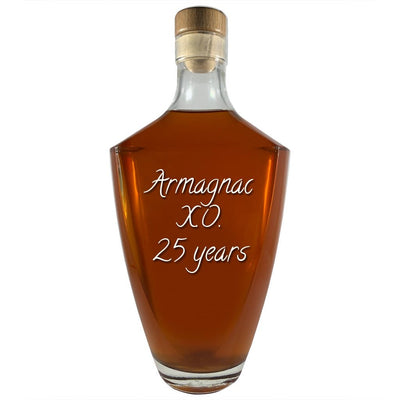 Armagnac XO 25 Year cognac in large bottle. Bar drinks. Spirits. Popular alcoholic drinks. Brown liquor.