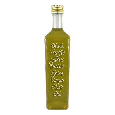 Black Truffle Garlic Butter Extra Virgin Olive Oil in bottle. Extra virgin olive oil vs olive oil. Evoo oil.