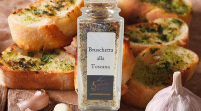 Bruschetta alla Toscana in use. Spice mix and best seasonings.  Herb blends.