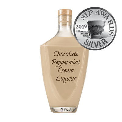 Chocolate Peppermint Cream Liqueur in large bottle. Chocolate and mint alcoholic. SIP Awards Silver 2019.
