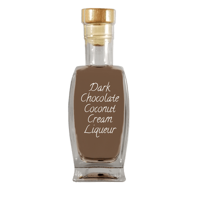 Dark Chocolate Coconut Cream Liqueur in in medium bottle. Smooth and sweet alcoholic drinks.