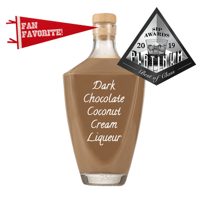 Dark Chocolate Coconut Cream Liqueur in large bottle. Chocolate and mint alcoholic. SIP Awards Platinum 2019.