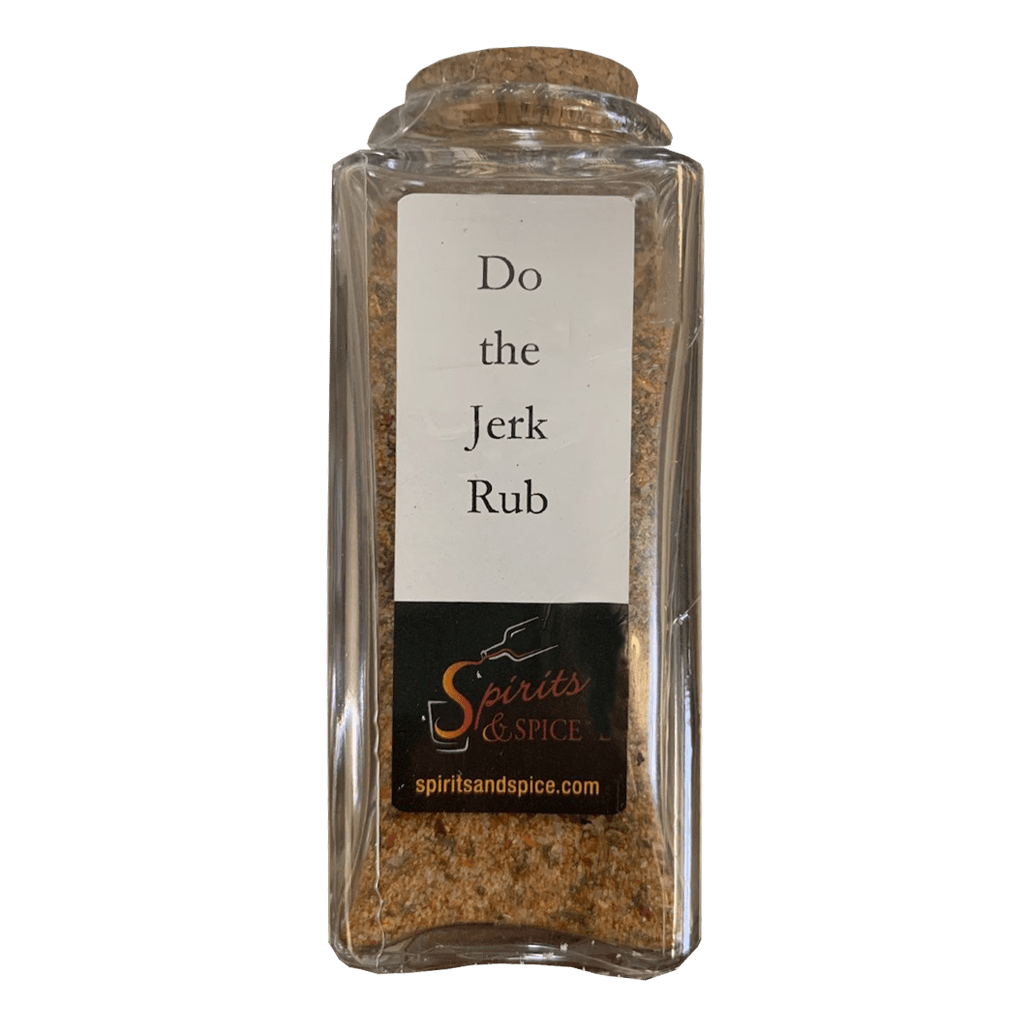 Do The Jerk Rub Spice Blends in bottle. Red thai chili pepper. Thyme. Meat rub spices.