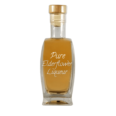 Pure Elderflower Liqueur in medium bottle. Smooth and sweet alcoholic drinks. Brown liquor.