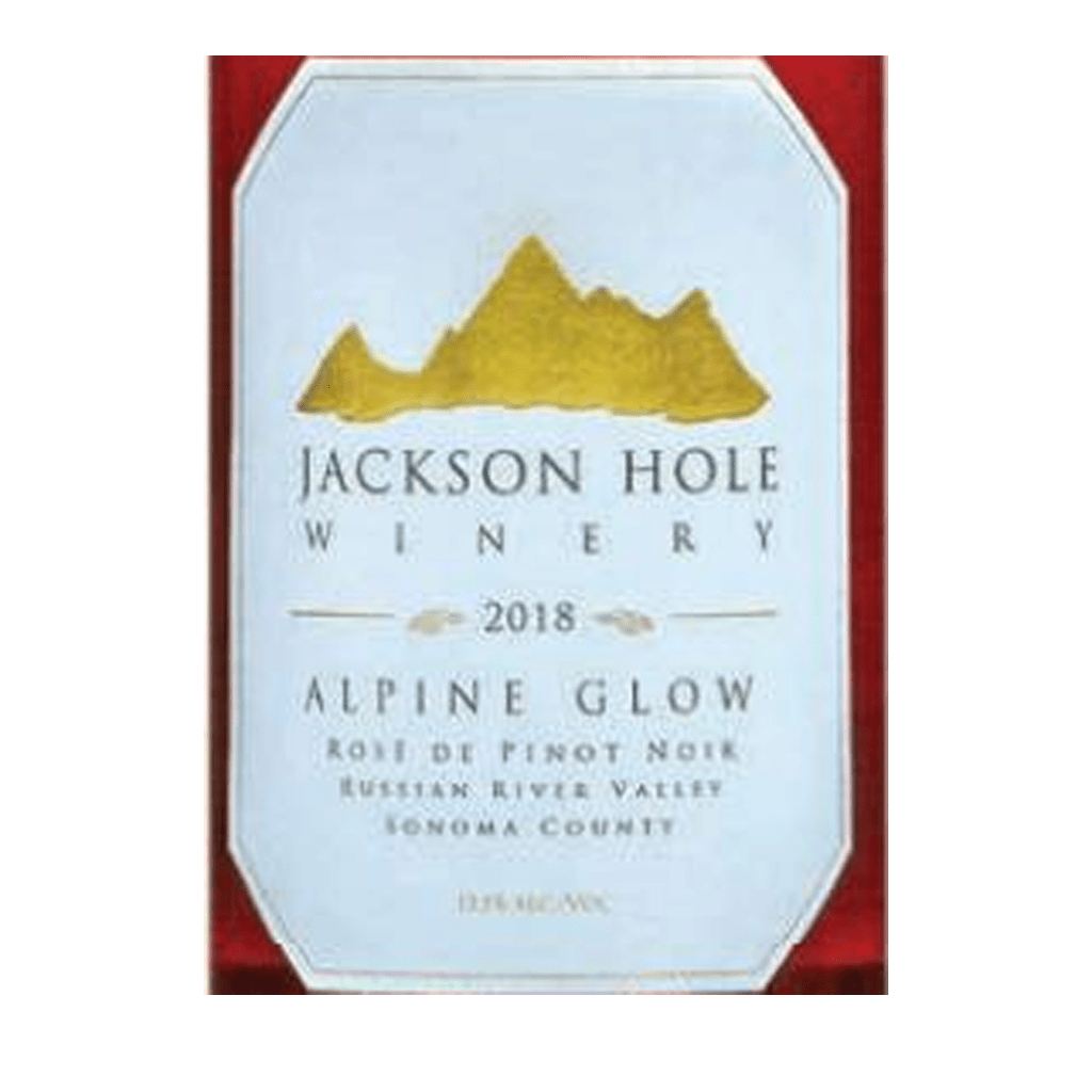 Label of Jackson Hole Winery Alpine Glow Rose, indicating it is a 2018 vintage wine from the Russian River Valley, Sonoma County.