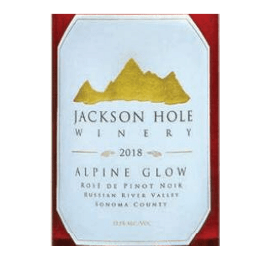 Label of Jackson Hole Winery Alpine Glow Rose, indicating it is a 2018 vintage wine from the Russian River Valley, Sonoma County.