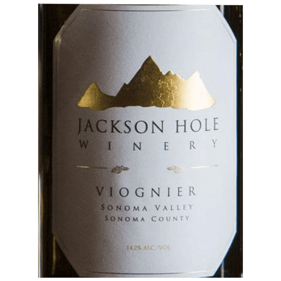 Label of Jackson Hole Winery Viognier wine, featuring a gold mountain range design on a white background.