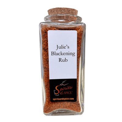 Julie's Blackening Rub Spice Blends in bottle. Paprika. Black pepper. Cajun spices.