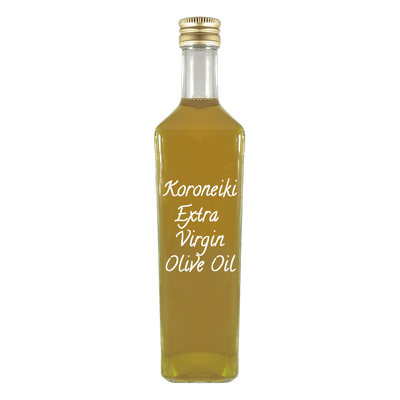 Koroneiki Extra Virgin Olive Oil in bottle. Pure olive oil. Substitute for canola oil.