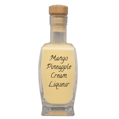 Mango Pineapple Cream Liqueur in medium bottle. Smooth and sweet alcoholic drinks.