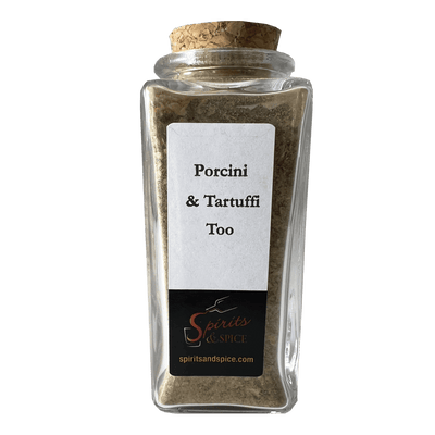 Porcini & Tartuffi Too in bottle. Spice mix and best seasonings. Italian spices.