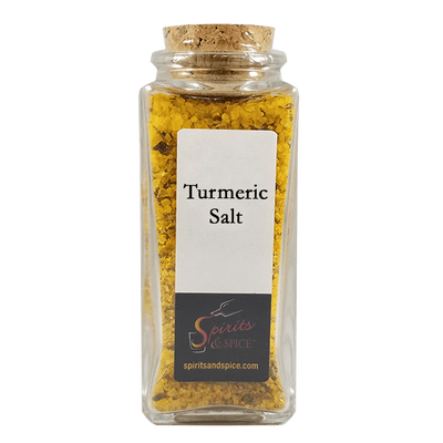 Turmeric Salt Spice Blends in bottle. Thai spices. Middle Eastern spices. Curry spices.