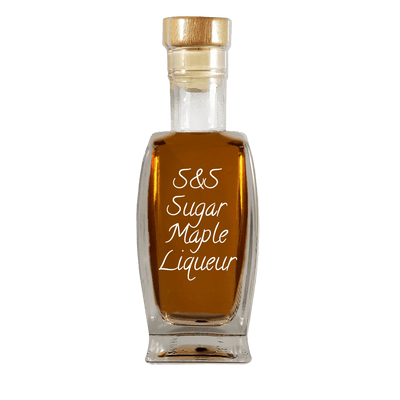 S&S Sugar Maple Liqueur in medium bottle. Smooth and sweet alcoholic drinks. Brown liquor.