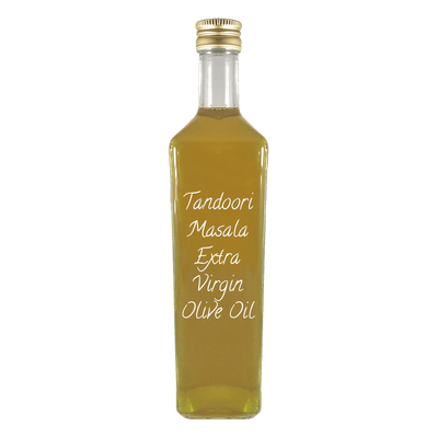 Tandoori Masala Extra Virgin Olive Oil in bottle. Organic olive oil.