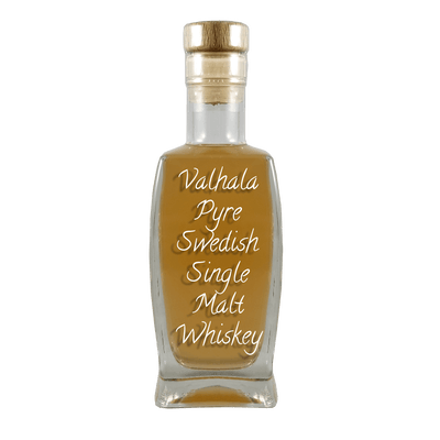 Valhalla Pyre Peated Swedish Single Malt Whiskey in medium bottle. Smooth and sweet alcoholic drinks.