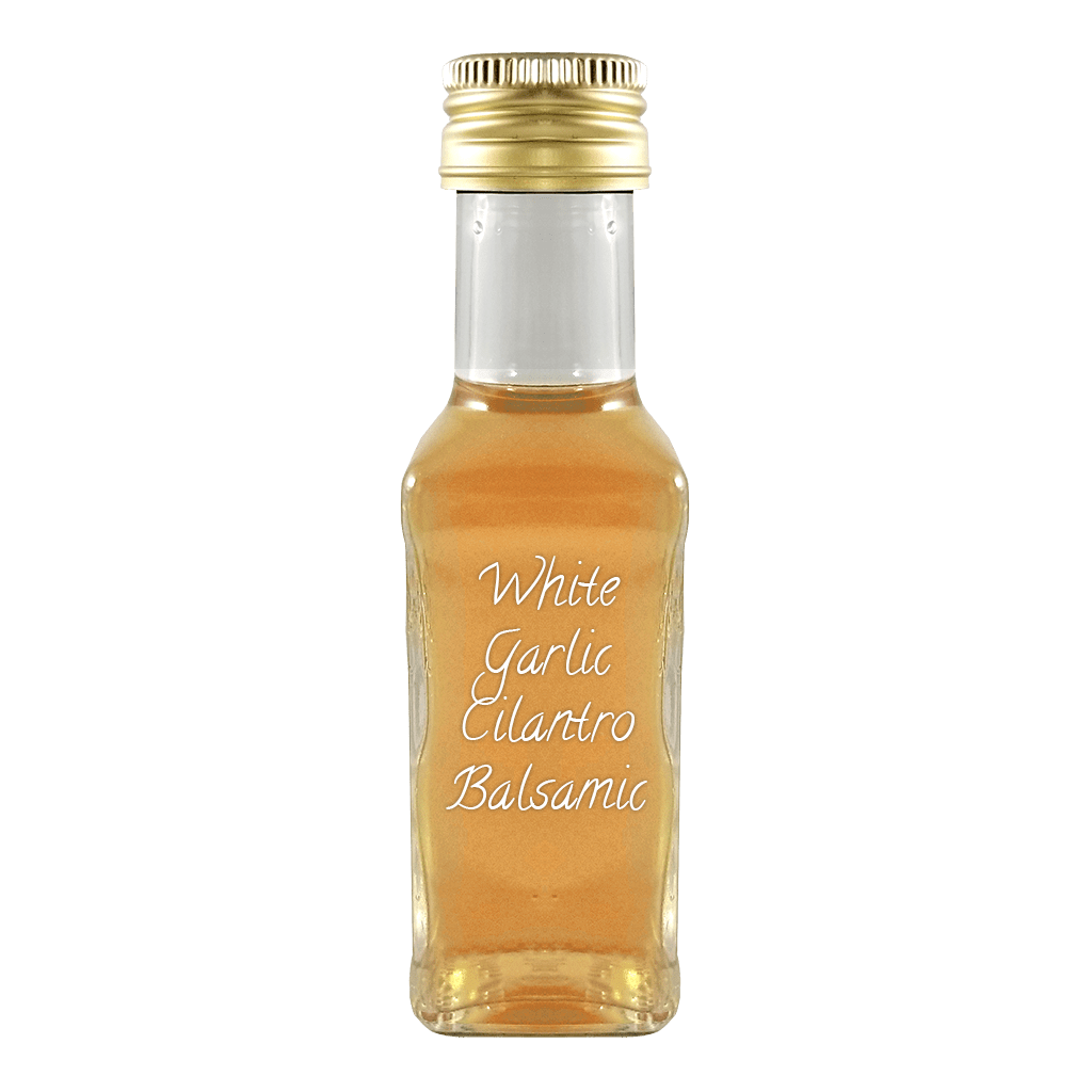 White Garlic Cilantro Balsamic Vinegar in bottle. White balsamic vs dark balsamic. White wine vinegar for cooking.