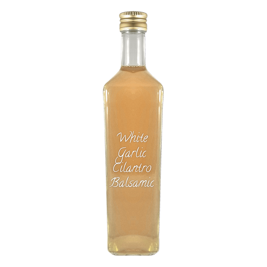 White Garlic Cilantro Balsamic Vinegar in bottle. Distilled vinegar. Garlic Vinegar for cooking.